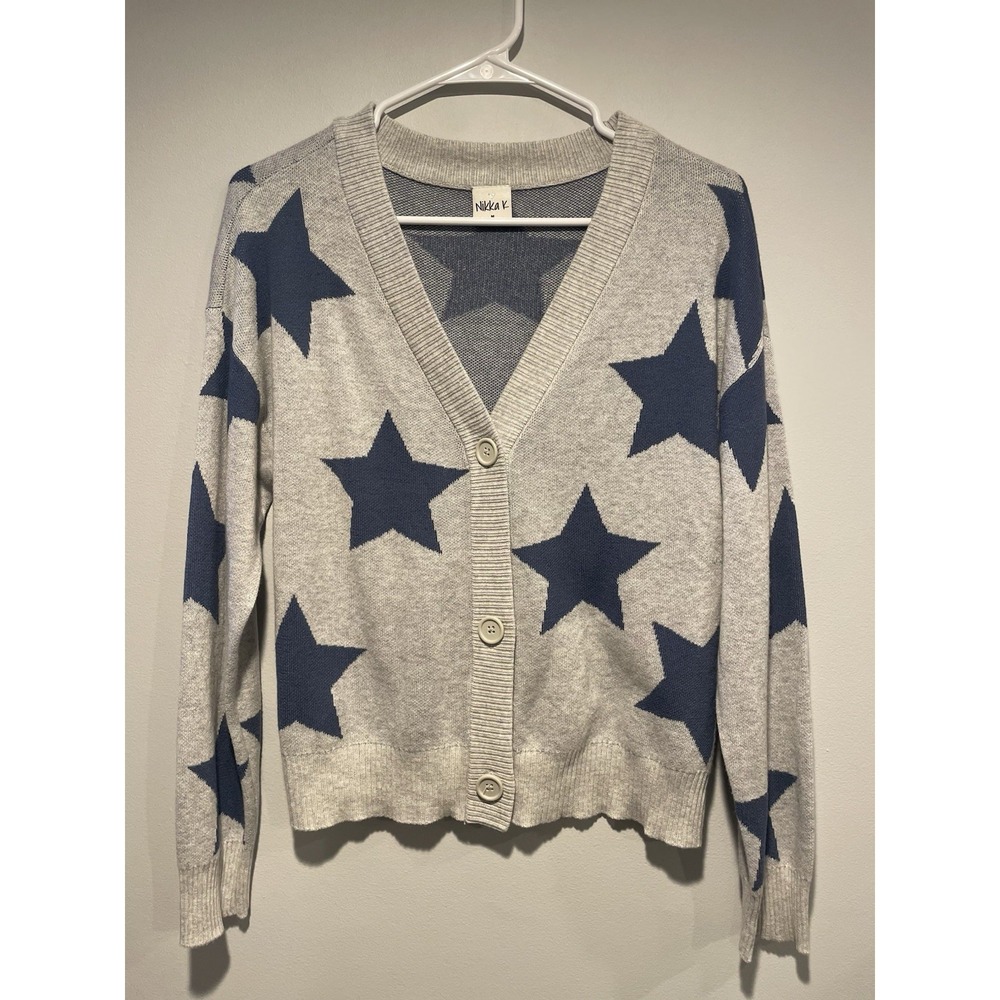 Nikka K Cardigan Sweater Womens Medium Gray Blue Star Print Button Front
